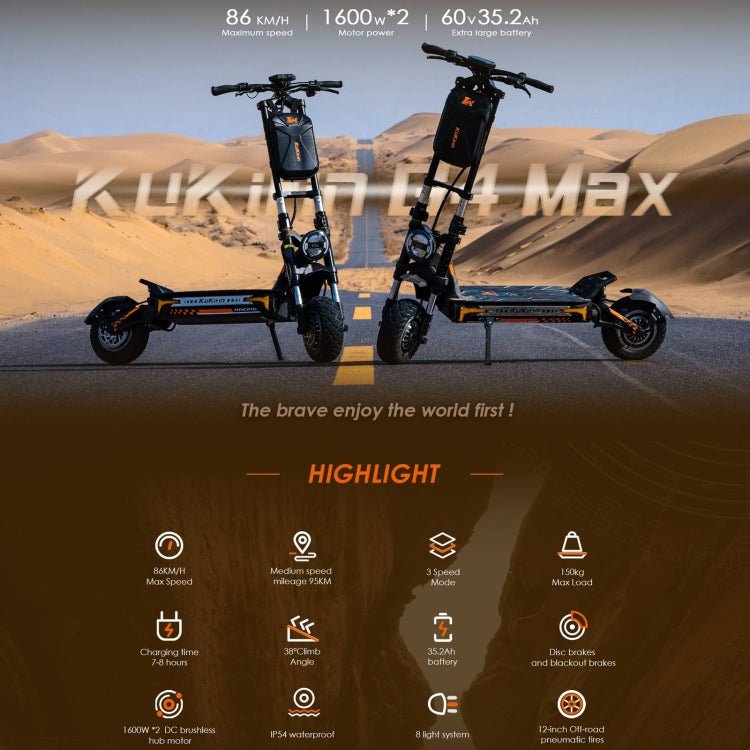 EU Warehouse Kukirin G4 Max 12 inch Tires 3200W 60V 35.2AH Three - speed Folding Electric Offroad Scooter with LED Display, G4 Max - ORIWHIZ
