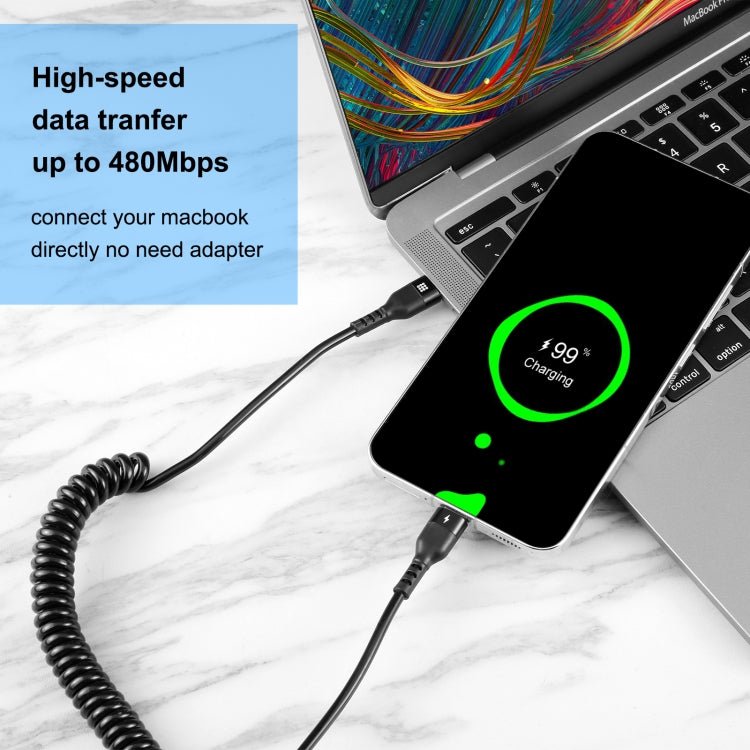 HAWEEL 1.5m 5A USB - C / Type - C to USB - C / Type - C Retractable Coiled PD Fast Charging Cable, 1.5m 5A Type - C - ORIWHIZ