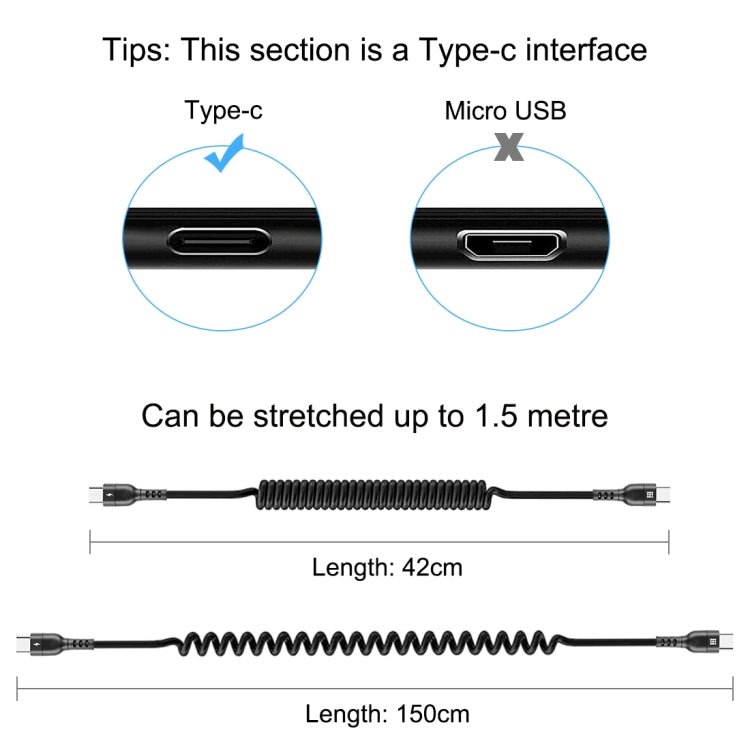 HAWEEL 1.5m 5A USB - C / Type - C to USB - C / Type - C Retractable Coiled PD Fast Charging Cable, 1.5m 5A Type - C - ORIWHIZ