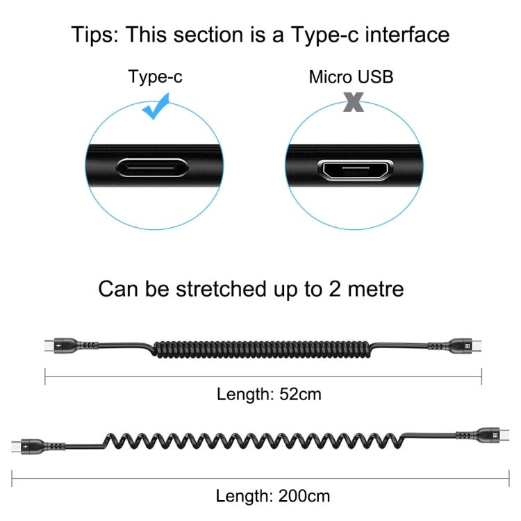 HAWEEL 2m 5A USB - C / Type - C to USB - C / Type - C Retractable Coiled PD Fast Charging Cable, 2m 5A Type - C - ORIWHIZ