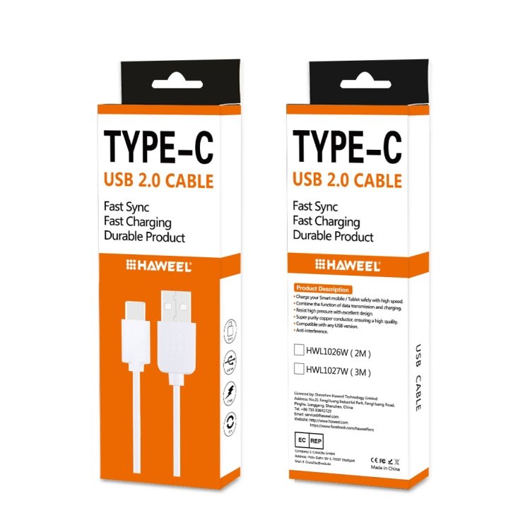 HAWEEL 2m USB - C / Type - C to USB 2.0 Data & Charging Cable, Type - C 2m - ORIWHIZ