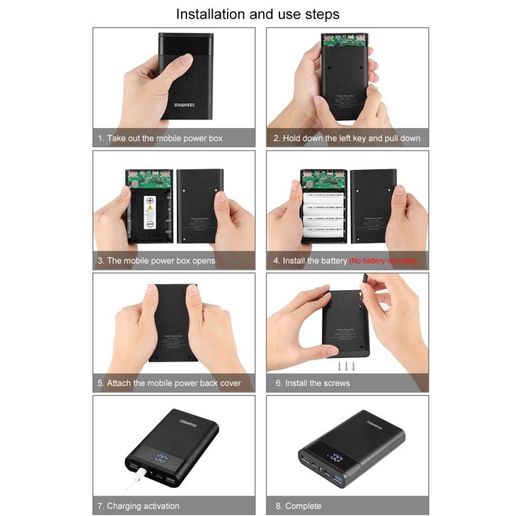 HAWEEL DIY 4x 18650 Battery (Not Included) 12000mAh Dual - way QC Charger Power Bank Shell Box with 2x USB Output & Display, Support QC 2.0 / QC 3.0 / FCP / SFCP / AFC / MTK / BC 1.2 / PD, DIY 4x 18650 Batteries 12000mAh - ORIWHIZ
