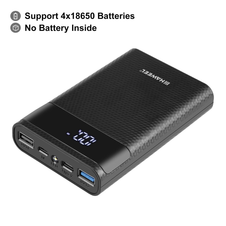 HAWEEL DIY 4x 18650 Battery (Not Included) 12000mAh Dual - way QC Charger Power Bank Shell Box with 2x USB Output & Display, Support QC 2.0 / QC 3.0 / FCP / SFCP / AFC / MTK / BC 1.2 / PD, DIY 4x 18650 Batteries 12000mAh - ORIWHIZ