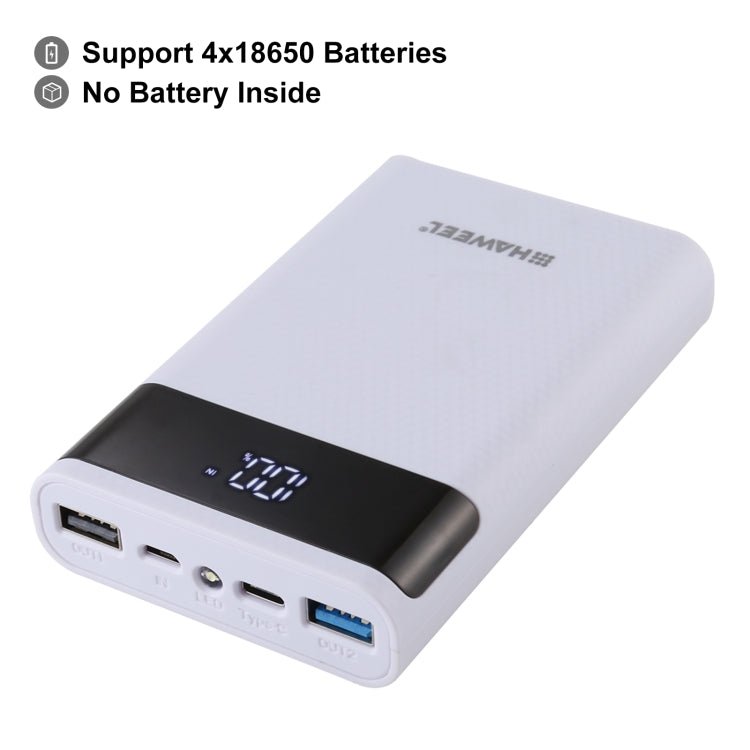 HAWEEL DIY 4x 18650 Battery (Not Included) 12000mAh Dual - way QC Charger Power Bank Shell Box with 2x USB Output & Display, Support QC 2.0 / QC 3.0 / FCP / SFCP / AFC / MTK / BC 1.2 / PD, DIY 4x 18650 Batteries 12000mAh - ORIWHIZ