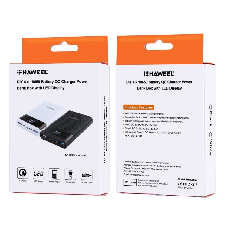 HAWEEL DIY 4x 18650 Battery (Not Included) 12000mAh Dual - way QC Charger Power Bank Shell Box with 2x USB Output & Display, Support QC 2.0 / QC 3.0 / FCP / SFCP / AFC / MTK / BC 1.2 / PD, DIY 4x 18650 Batteries 12000mAh - ORIWHIZ