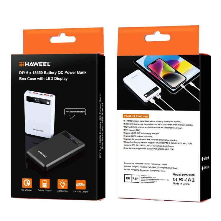 HAWEEL DIY 6 x 18650 Battery 24W Fast Charge Power Bank Box Case with Display, Not Include Battery, 6 x 18650 Battery - ORIWHIZ