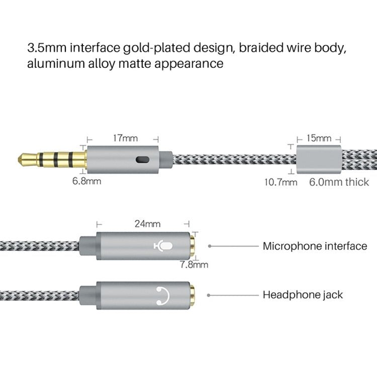 HY191 2 in 1 3.5mm Male to Microphone + Audio Female Braided Audio Cable, Length: 26cm, HY191 - ORIWHIZ