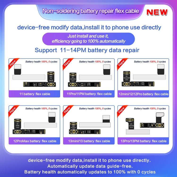 I2C External Battery Repair Cable, For iPhone 14 / 14 Plus, For iPhone 14 Pro Max / 14 Pro, For iPhone SE 2022, For iPhone 12 / 12 Pro / 12 mini, For iPhone 12 Pro Max, For iPhone 11 Pro Max / 11 Pro, For iPhone 11 - ORIWHIZ