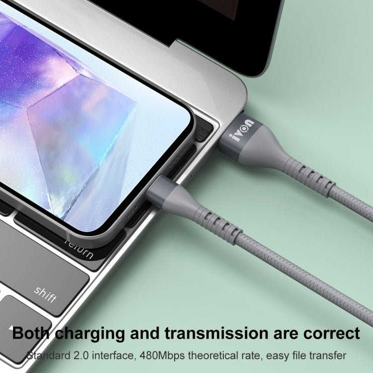 IVON CA92 2.4A Max USB to USB - C / Type - C Rubber Fast Charging Data Cable, Length: 1.5m, Type - C - ORIWHIZ