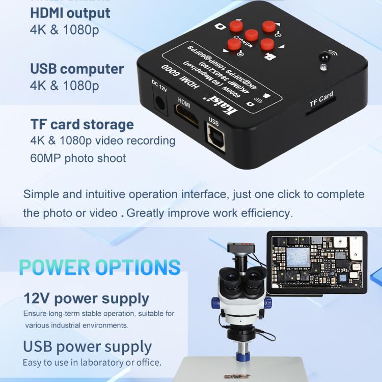 Kaisi HDMI 6000 HDMI / USB Dual Interface 60MP 4K Ultra HD Microscope Industrial Camera, US Plug, EU Plug - ORIWHIZ
