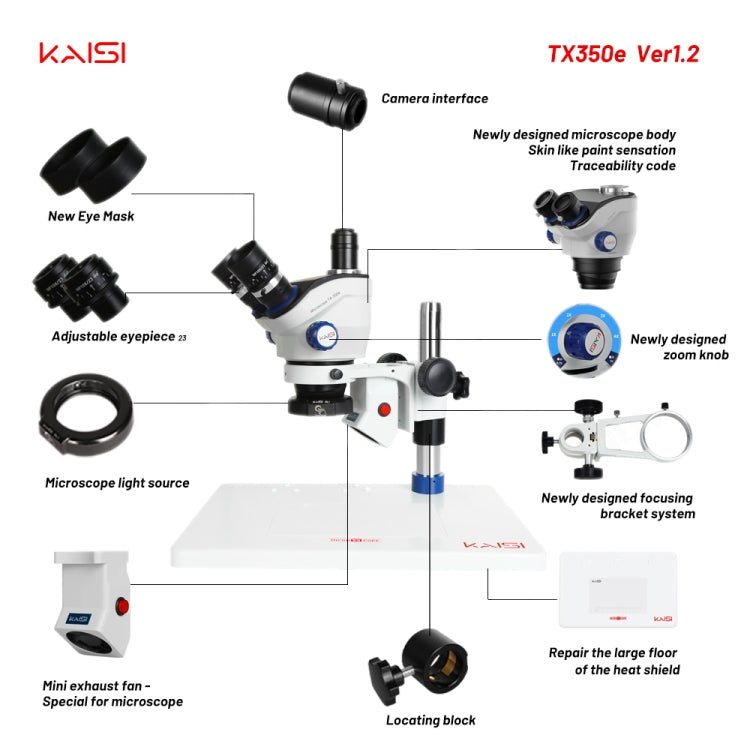 Kaisi TX - 350E Ver1.2 7X - 50X Microscope Zoom Stereo Microscope with Big Base, Kaisi TX - 350E - ORIWHIZ