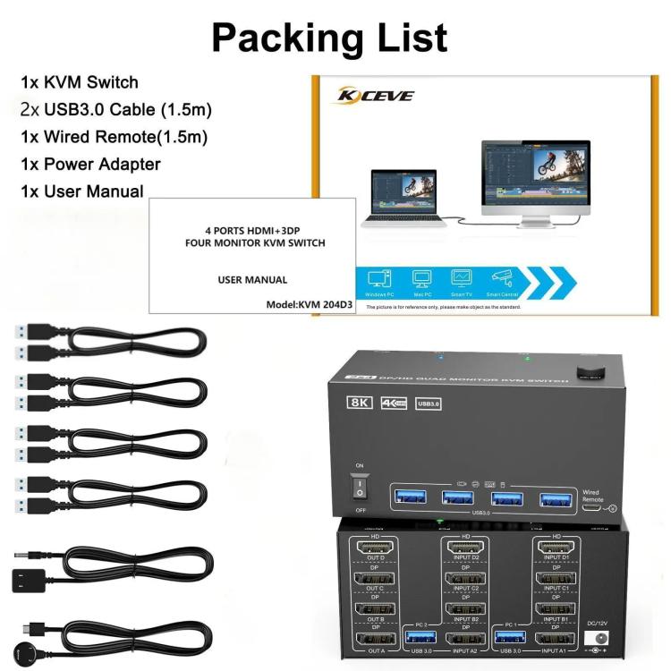 KCEVE KC - KVM204D3 HDMI+3 DP Ports KVM Switch Supports 4 Displays 2 Computers 4K 144Hz / 8K 60Hz, US Plug, EU Plug, AU Plug, UK Plug - ORIWHIZComputer & NetworkingHDMI SeriesKCEVE