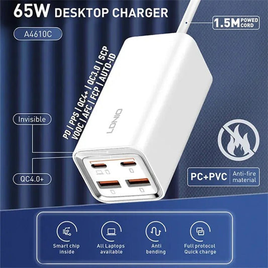 LDNIO A4610C PD65W Dual USB - C / Type - C + Dual USB Fast Charger, Cable Length: 1.5m, EU Plug·, A4610C (UK Plug), US Plug - ORIWHIZ