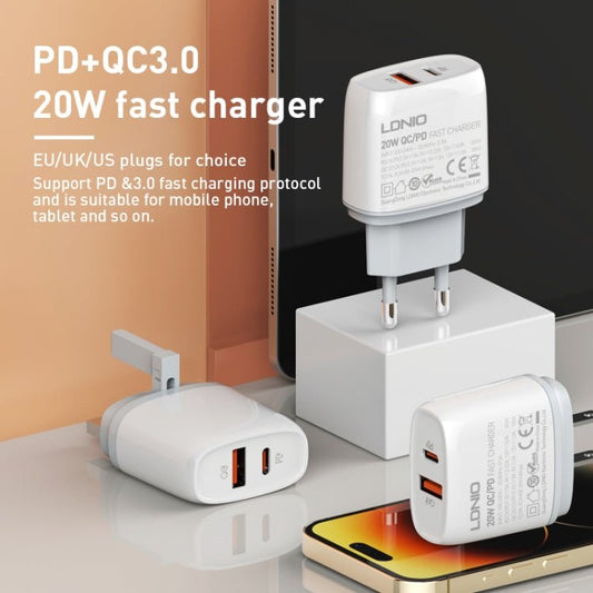 LDNIO Q229 QC3.0 / PD20W USB + Type - C Fast Charger with 1m Type - C to Type - C Cable, EU Plug, UK Plug, US Plug - ORIWHIZ