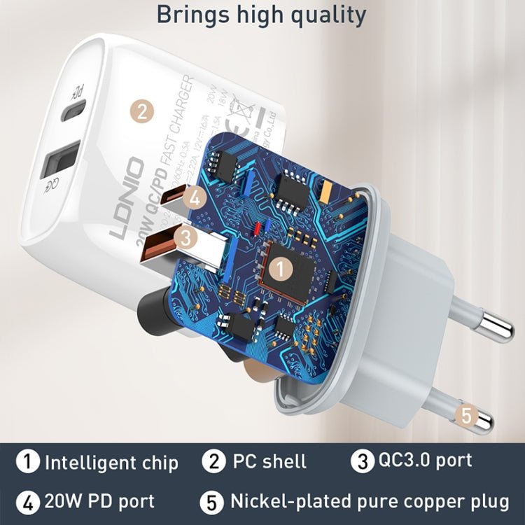 LDNIO Q229 QC3.0 / PD20W USB + Type - C Fast Charger with 1m Type - C to Type - C Cable, EU Plug, UK Plug, US Plug - ORIWHIZ