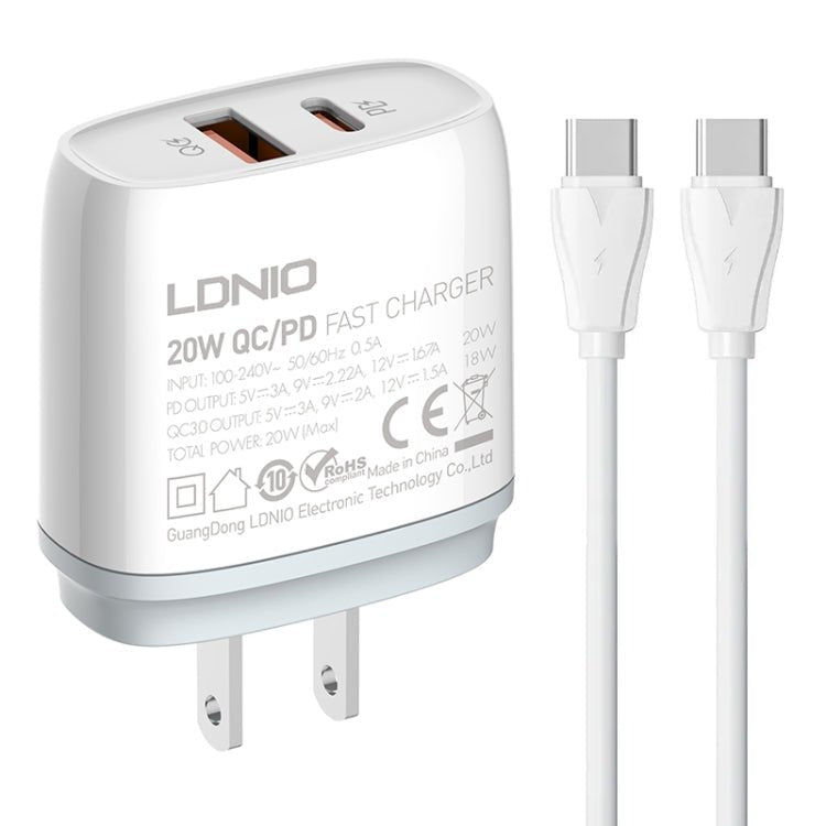LDNIO Q229 QC3.0 / PD20W USB + Type - C Fast Charger with 1m Type - C to Type - C Cable, EU Plug, UK Plug, US Plug - ORIWHIZ