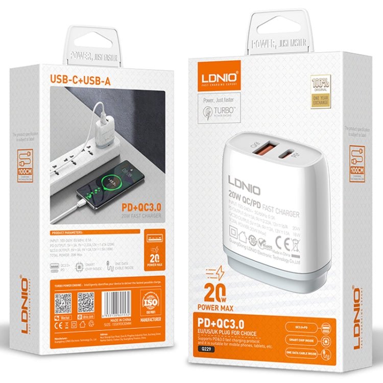 LDNIO Q229 QC3.0 / PD20W USB + Type - C Fast Charger with 1m Type - C to Type - C Cable, EU Plug, UK Plug, US Plug - ORIWHIZ