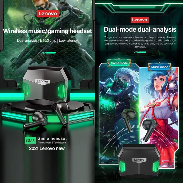 Lenovo GM5 TWS Bluetooth Wireless Sports Waterproof Noise Reduction Gaming Earphone with Mic, GM5 - ORIWHIZ