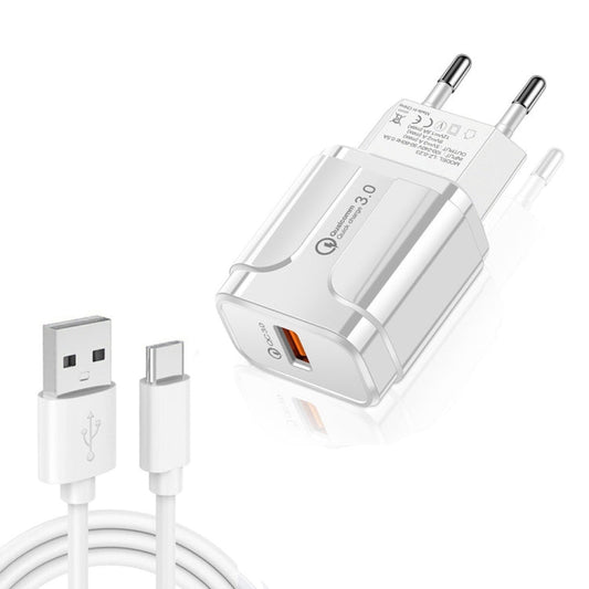 LZ - 023 18W QC 3.0 USB Portable Travel Charger + 3A USB to Type - C Data Cable, EU Plug, Type - C Data Cable, EU Plug - ORIWHIZ