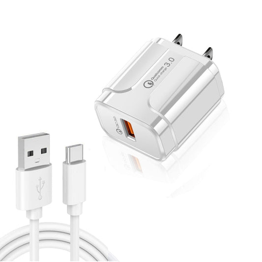 LZ - 023 18W QC3.0 USB Portable Travel Charger + 3A USB toType - C Data Cable, US Plug, Type - C Data Cable, US Plug - ORIWHIZ