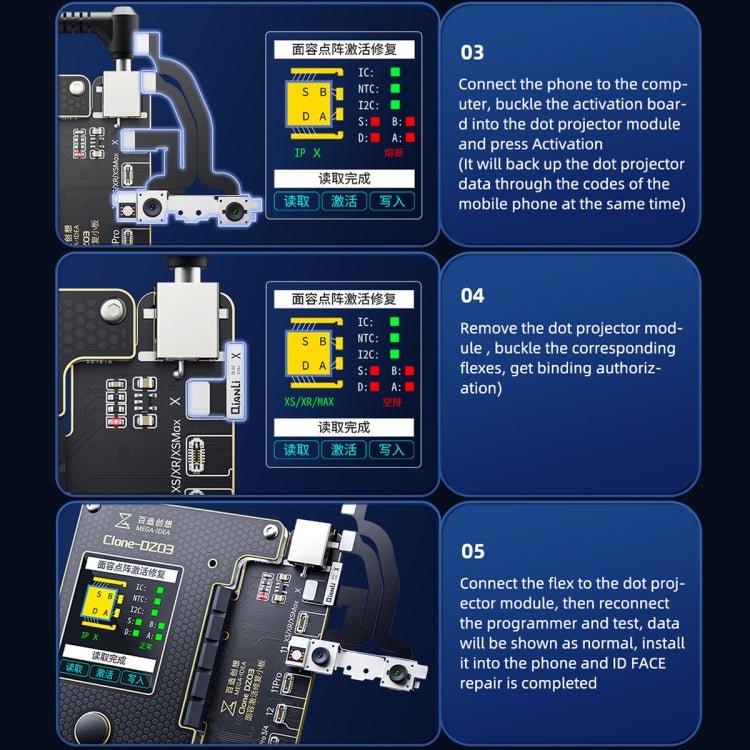 MEGA - IDEA Clone DZ03 Battery Activation & Face ID Dot Matrix Programmer for iPhone 8 - 14 Pro Max, Plug: US, SPT0648A, SPT0648B - ORIWHIZ