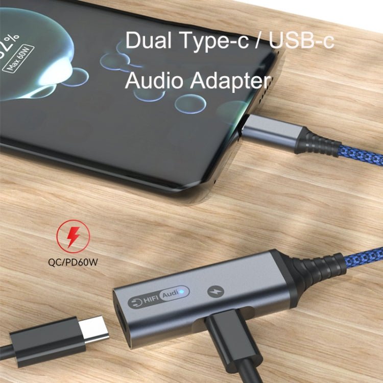MH338A Dual Type - c / USB - c Adapter Cable Mobile Phone Live Audio Charging Cable, MH338A (Gray), MH338A (Black) - ORIWHIZ
