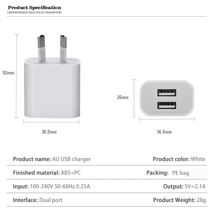 Mini Dual Port USB Charger with USB to Type - C Data Cable, AU Plug, AU Plug + Type - C Cable - ORIWHIZ