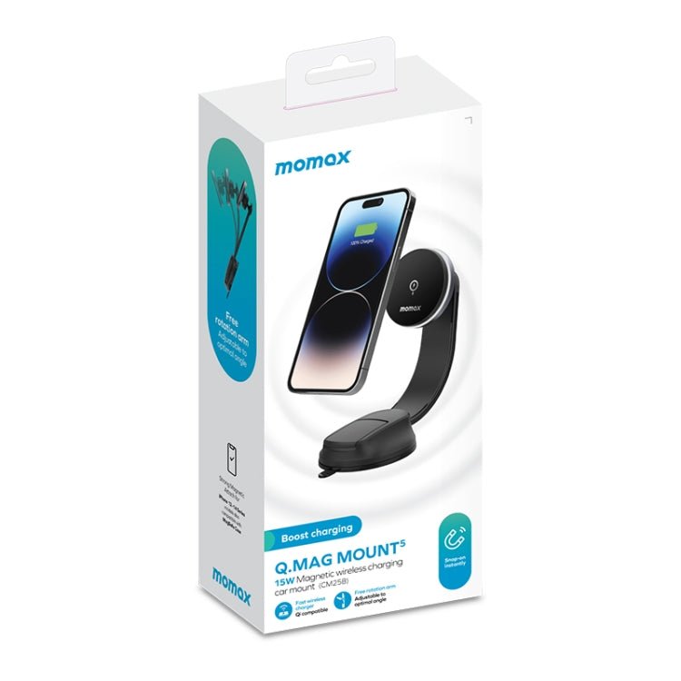 MOMAX CM25B Magnetic Wireless Charger Car Suction Cup Phone Holder, CM25B - ORIWHIZ