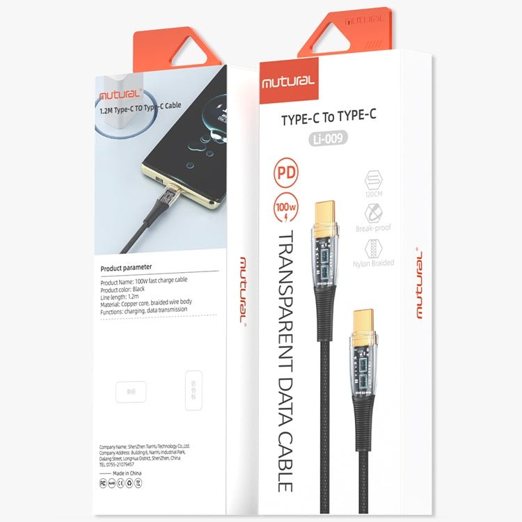 Mutural Li - CC009 1.2m 100W Transparent USB - C / Type - C to Type - C Charging Data Cable, Type - C to Type - C - ORIWHIZ