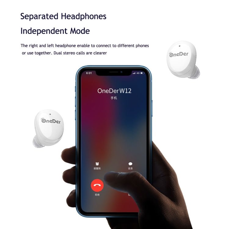 OneDer W12 Wireless Earphone with Waterproof IPX5 HD Stereo Sound TWS Bluetooth Earphone - ORIWHIZ