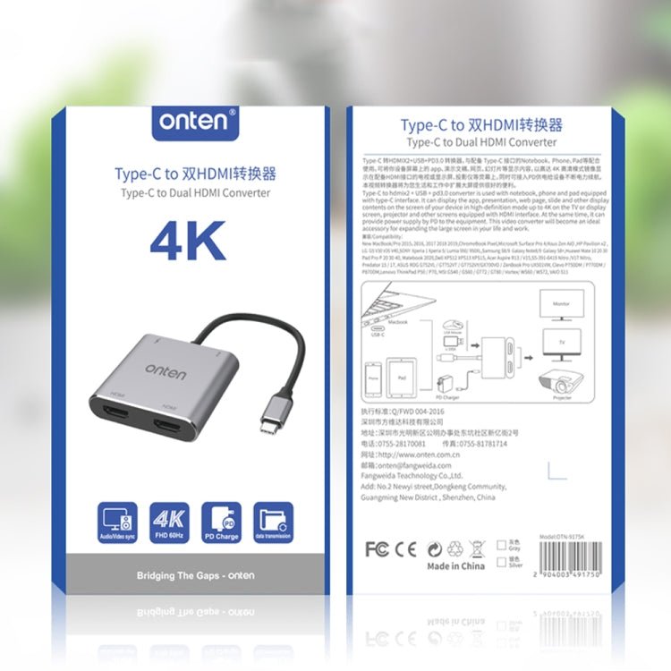 Onten 9175K 4 in 1 USB - C / Type - C to Dual HDMI + USB 3.0 + PD3.0 USB - C / Type - C Charging Port 4K HD Video Converter, 9175K - ORIWHIZ