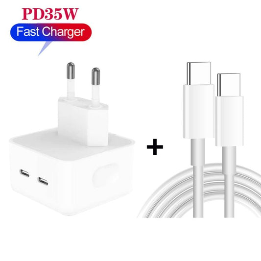 PD 35W Dual USB - C / Type - C Ports Charger with Type - C to Type - C Data Cable, EU Plug, EU Plug + 1m Dual Type - C Cable, EU Plug + 2m Dual Type - C Cable - ORIWHIZ