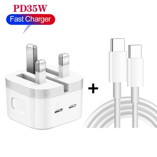 PD 35W Dual USB - C / Type - C Ports Charger with Type - C to Type - C Data Cable, UK Plug, UK Plug + 1m Dual Type - C Cable, UK Plug + 2m Dual Type - C Cable - ORIWHIZ