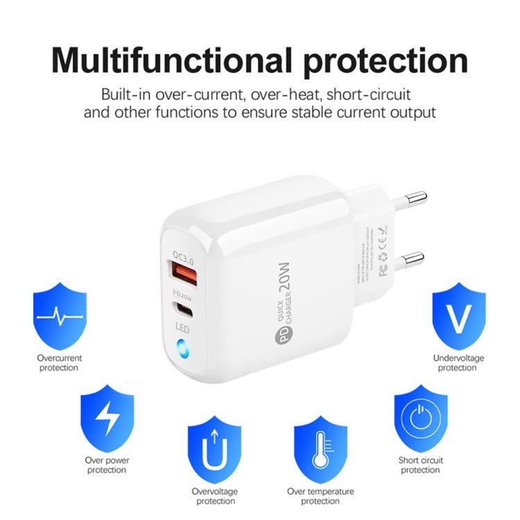 PD04 Type - C + USB Mobile Phone Charger with Type - C to Type - C Cable, EU Plug, EU Plug + Type - C to Type - C Cable - ORIWHIZ