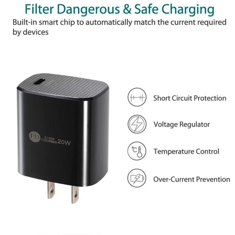 PD11 Single PD3.0 USB - C / Type - C 20W Fast Charger with 1m Type - C to Type - C Data Cable, US Plug, US Plug + Type - C to Type - C Cable - ORIWHIZ