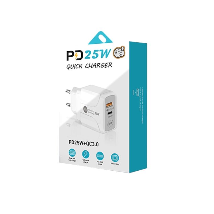PD25W USB - C / Type - C + QC3.0 USB Dual Ports Fast Charger with USB - C to USB - C Data Cable, EU Plug, EU Plug + USB - C to USB - C Cable - ORIWHIZ