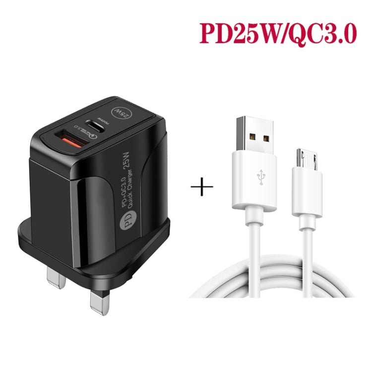 PD25W USB - C / Type - C + QC3.0 USB Dual Ports Fast Charger with USB to Micro USB Data Cable, UK Plug, UK Plug + USB to Micro USB Cable - ORIWHIZ