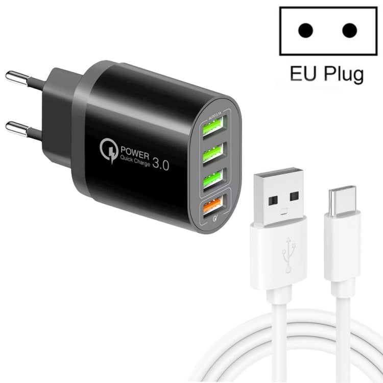QC - 04 QC3.0 + 3 x USB2.0 Multi - ports Charger with 3A USB to Type - C Data Cable, EU Plug, EU Plug + Type - C Cable - ORIWHIZ