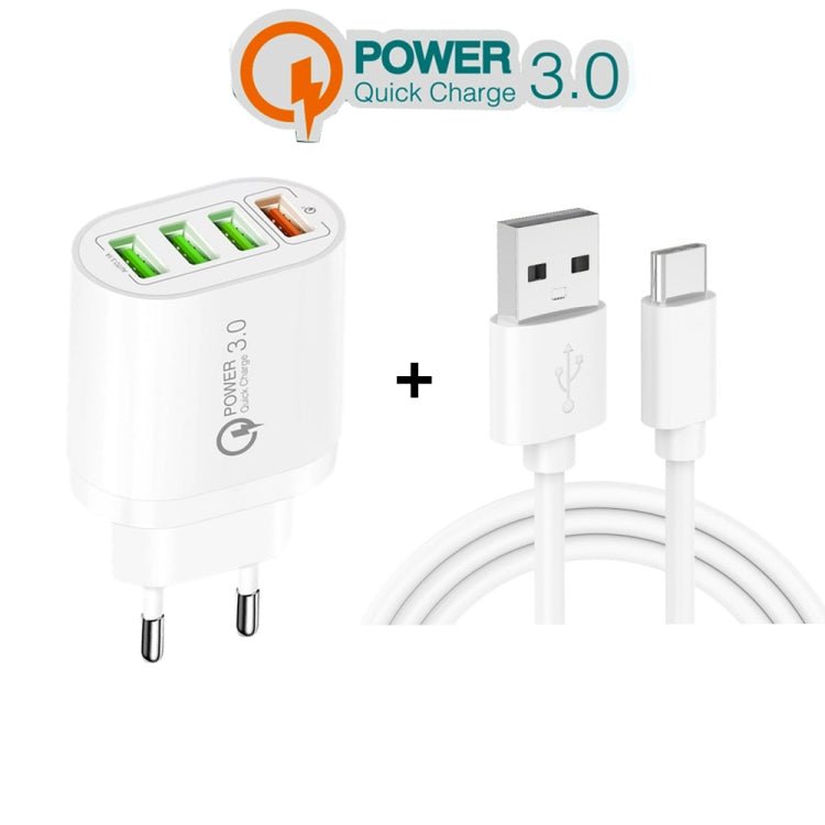 QC - 04 QC3.0 + 3 x USB2.0 Multi - ports Charger with 3A USB to Type - C Data Cable, EU Plug, EU Plug + Type - C Cable - ORIWHIZ