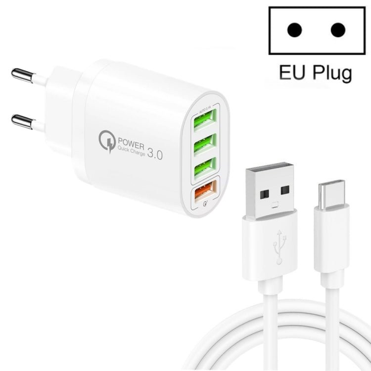 QC - 04 QC3.0 + 3 x USB2.0 Multi - ports Charger with 3A USB to Type - C Data Cable, EU Plug, EU Plug + Type - C Cable - ORIWHIZ