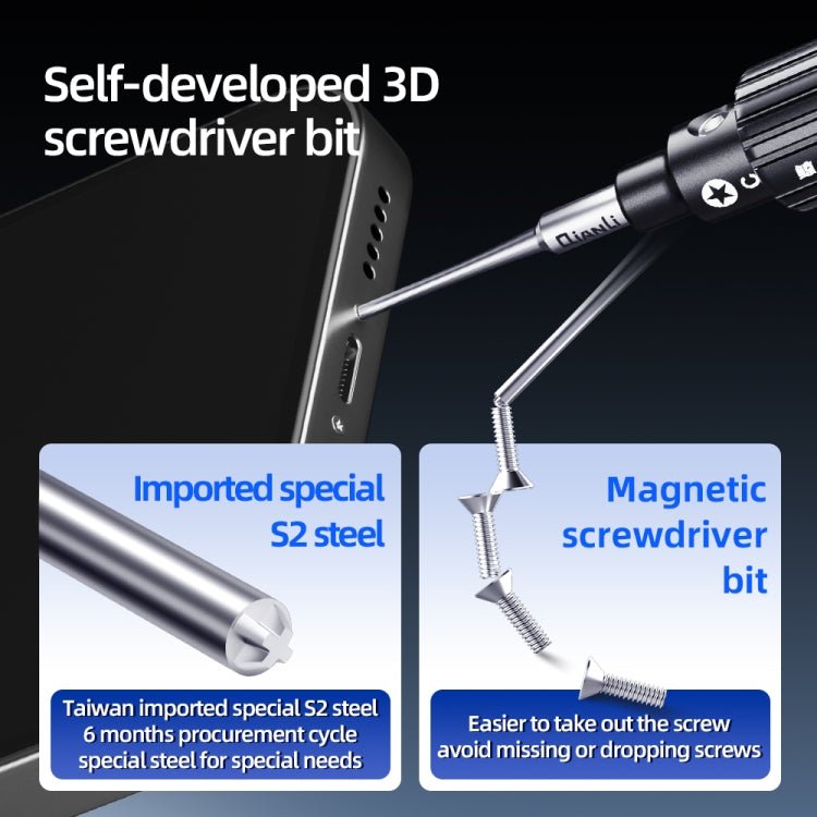 QianLi iWhale Special S2 Steel Magnetic Torque 3D Screwdriver, A Phillips 0.35, B Tri - point 0.35, C Pentalobe 0.35, D Pinhead Phillips 0.35, E T2 Torx 0.35 - ORIWHIZ