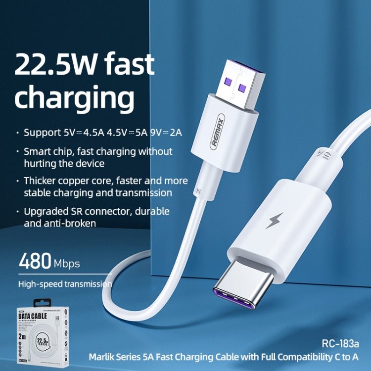 REMAX Marlik Series RC - 183a 22.5W 5A USB to USB - C / Type - C Interface Fully Compatible Fast Charging Data Cable, Cable Length: 2m, 2m - ORIWHIZ