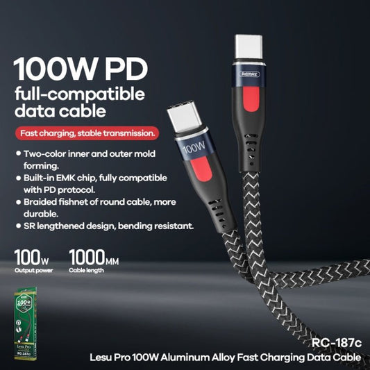 REMAX RC - 187c Lesu Pro 1m PD100W Type - C to USB - C / Type - C Aluminum Alloy Braid Fast Charging Data Cable, Type - C to USB - C / Type - C - ORIWHIZ