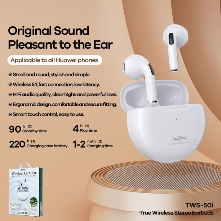 Remax TWS - 50i Bluetooth 5.1 True Wirelss Stereo Music Bluetooth Earphone, White - ORIWHIZ