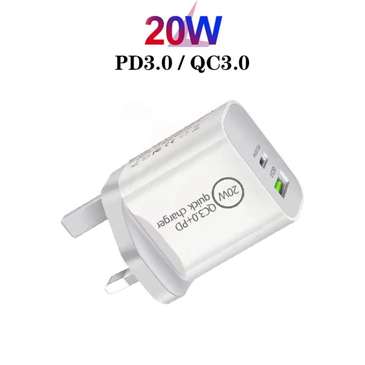 SDC - 20WA+C 20W PD 3.0 + QC 3.0 USB Dual Fast Charging Universal Travel Charger with USB to Type - C / USB - C Fast Charging Data Cable, UK Plug, USB to Type - C / USB - C (UK Plug) - ORIWHIZ