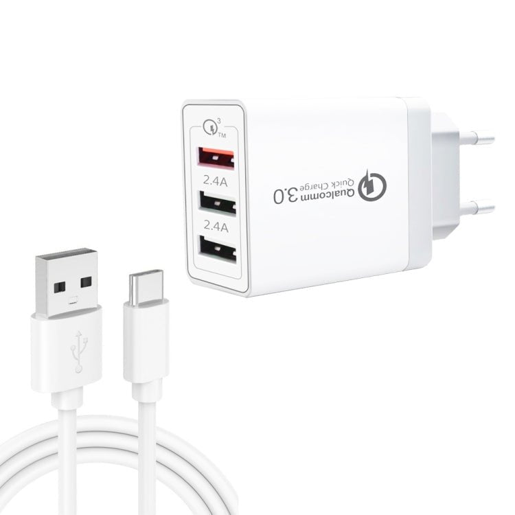 SDC - 30W 2 in 1 USB to USB - C / Type - C Data Cable + 30W QC 3.0 USB + 2.4A Dual USB 2.0 Ports Mobile Phone Tablet PC Universal Quick Charger Travel Charger Set, EU Plug, with USB - C / Type - C Cable, EU Plug - ORIWHIZ