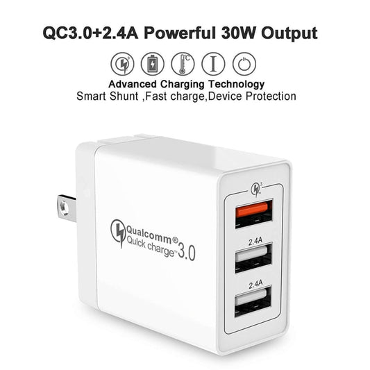 SDC - 30W 2 in 1 USB to USB - C / Type - C Data Cable + 30W QC 3.0 USB + 2.4A Dual USB 2.0 Ports Mobile Phone Tablet PC Universal Quick Charger Travel Charger Set, US Plug, with USB - C / Type - C Cable, US Plug - ORIWHIZ