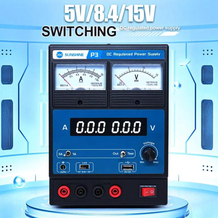 SUNSHINE P3 DC Regulated Power Supply 5V/8.4V/15V Switching Mobile Phone Repair Regulated Power Supply Meter, US Plug 110V, EU Plug 220V - ORIWHIZ