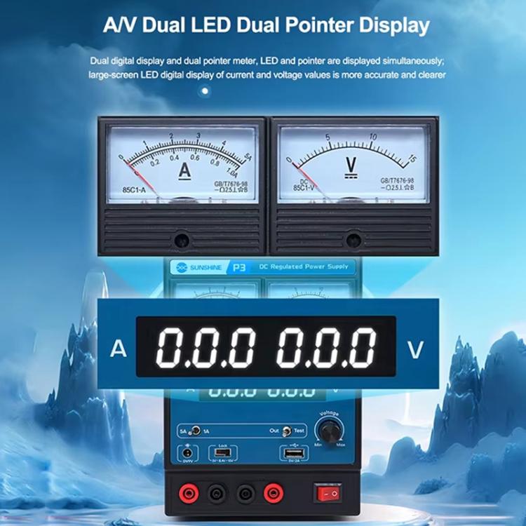 SUNSHINE P3 DC Regulated Power Supply 5V/8.4V/15V Switching Mobile Phone Repair Regulated Power Supply Meter, US Plug 110V, EU Plug 220V - ORIWHIZ