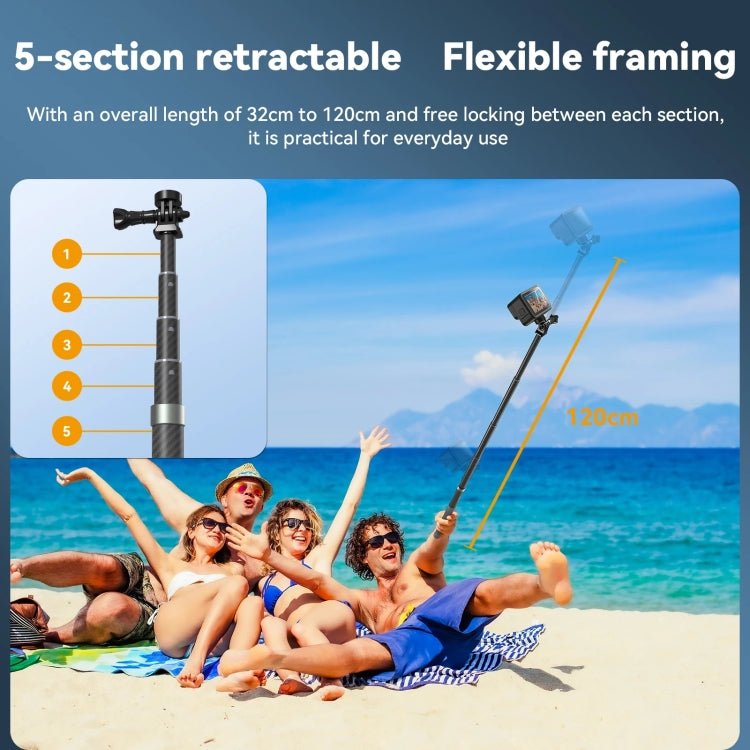 TELESIN 1.2m Carbon Fiber Monopod Selfie Stick With 1/4 Screw For Action Cameras, 1.2m - ORIWHIZDJI & Insta360 AccessoriesExtendable PoleTELESIN